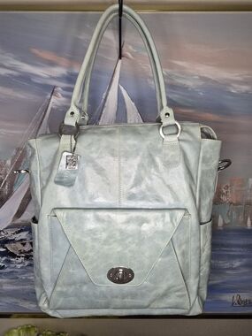 Mint Faux-Leather Tote with Front Flap Pocket